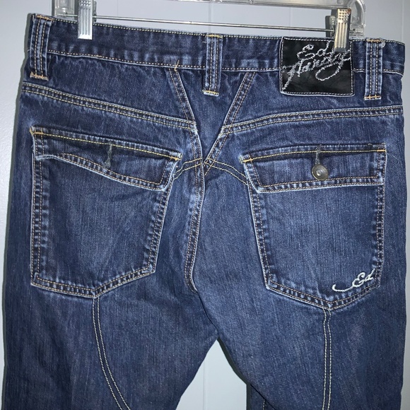ED HARDY Denim C. AUDIGIER Button Fly Knee Pad Straight leg jeans Sz 33x 32 Y2K - Picture 9 of 14